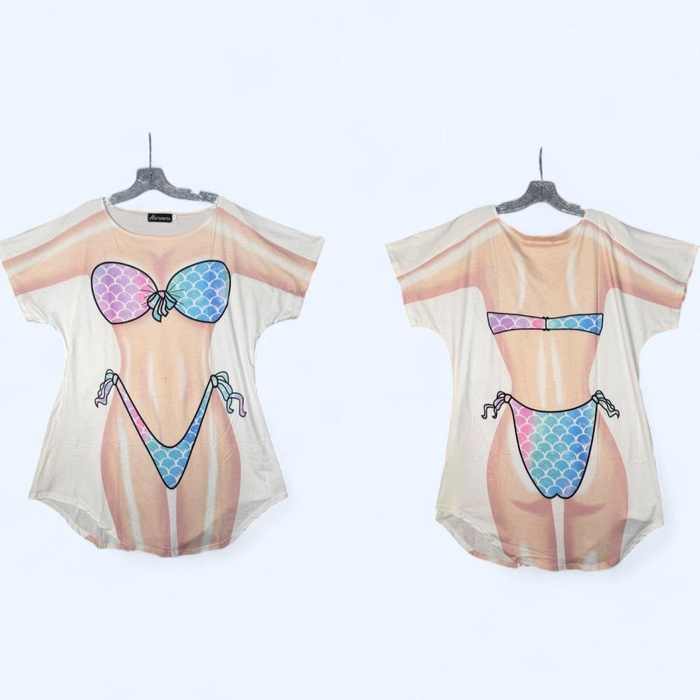 Alireverie Mermaid Bikini Cover Up T-Shirt Dress Graphic Swim Coverup Small